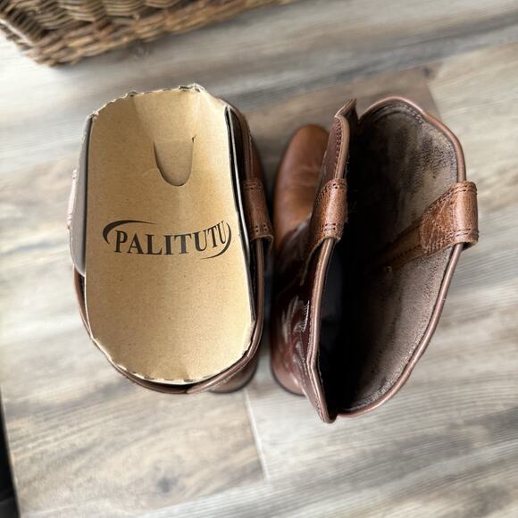 Palitutu Brown Leather Western Cowboy Boots Women’s 7.5 Floral Stitch Pull-On - Picture 6 of 7